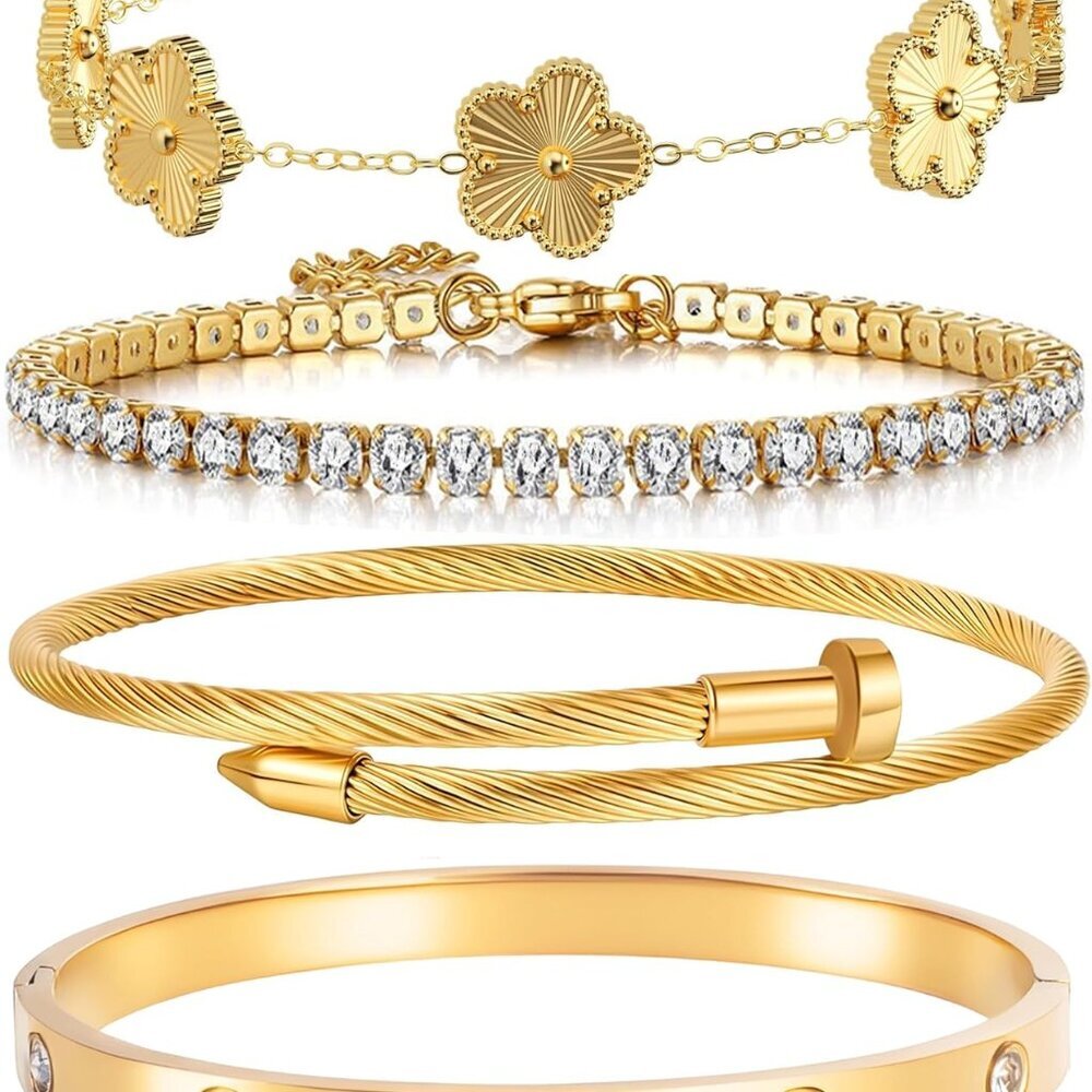 18K Gold Plated Womens Gold Bracelets Set Love Bangle Bracelets Floral Clover